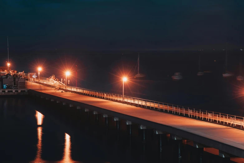 a pier at night with lights reflecting in the water, pexels contest winner, australian tonalism, road to the sea, 🦑 design, ultrawide cinematic, instagram post