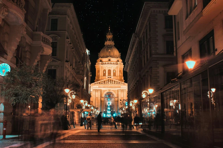 a group of people walking down a street at night, a photo, pexels contest winner, baroque, budapest street background, background image, parallax », pantheon