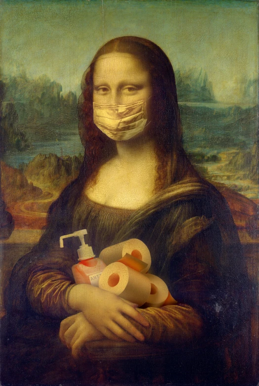 a painting of a woman with a face mask holding a teddy bear, an album cover, inspired by Mona Moore, shutterstock, renaissance, vials, made of liquid, liquids, covered in bandages