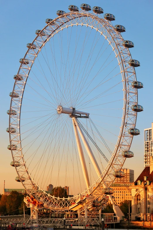 a large ferris wheel sitting next to a body of water, in london, at sunset, afternoon, exterior