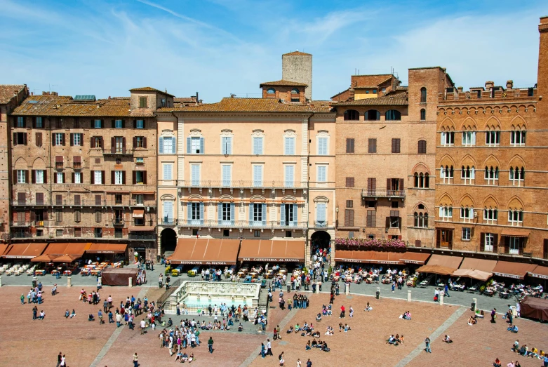 a crowd of people walking around a plaza next to tall buildings, an album cover, pexels contest winner, renaissance, terracotta, bargello, panoramic view, sienna