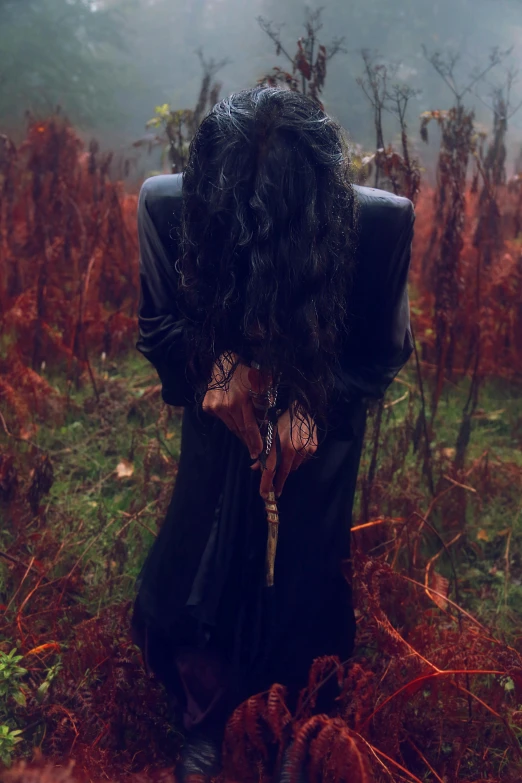 a woman standing in a field with her back to the camera, an album cover, inspired by Elsa Bleda, pexels contest winner, portrait of a dark witch, wet dripping long hair, during autumn, taken in the late 2010s