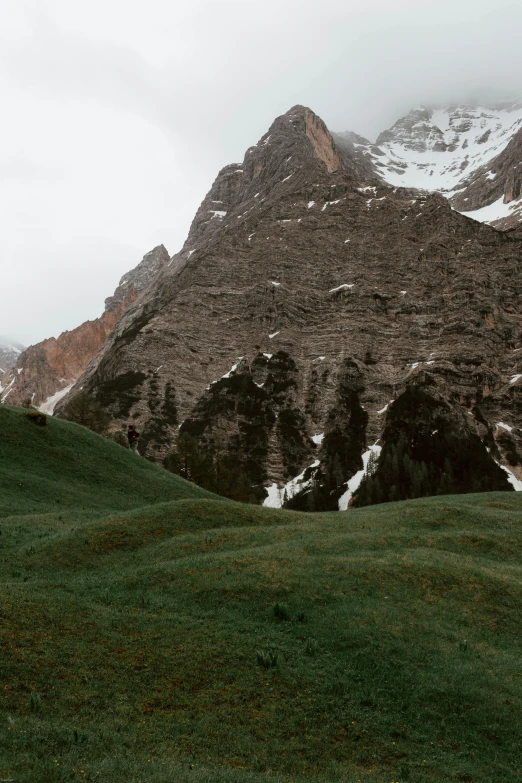 a couple of people standing on top of a lush green field, les nabis, dolomites, minimalist photo, snowy peaks, rocky cliffs