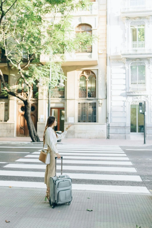 a woman pulling a piece of luggage across a street, inspired by Eva Gonzalès, soft natural light, grey, small, lifestyle