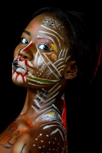 a close up of a person with face paint, a portrait, by Chinwe Chukwuogo-Roy, pexels contest winner, afrofuturism, light skinned african young girl, full view of face and body, ((portrait)), anatomy portrait