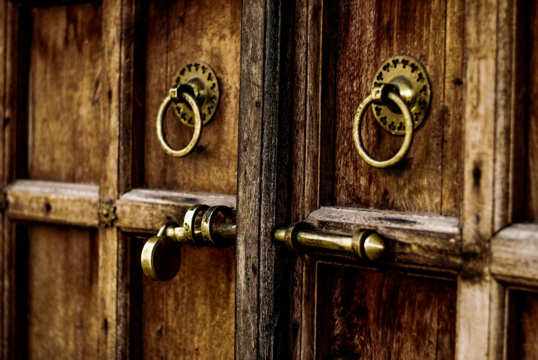 a close up of a door handle on a wooden door, by Jesper Knudsen, pixabay, renaissance, two wooden wardrobes, copper and brass, instagram picture