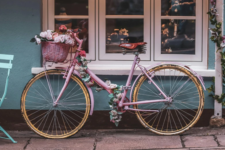 a pink bicycle parked in front of a window, pexels contest winner, shop window for magical weapons, profile image, flowers around, brown and pink color scheme