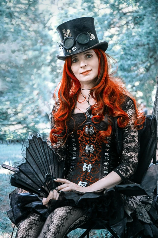 a woman with red hair sitting on a bench, wearing steampunk attire, black metal rococo, slide show, profile image
