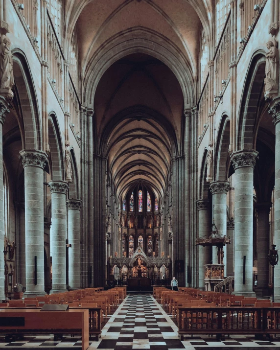 a black and white checkered floor in a church, an album cover, unsplash contest winner, huge support buttresses, #trending, cathedrals, gif