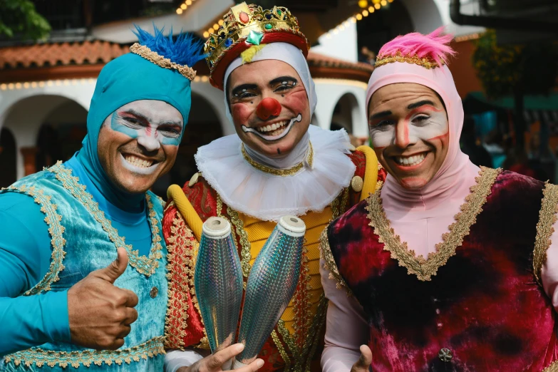 three men dressed as clowns pose for a picture, pexels contest winner, renaissance, arabian nights, tlaquepaque, various colors, swedish