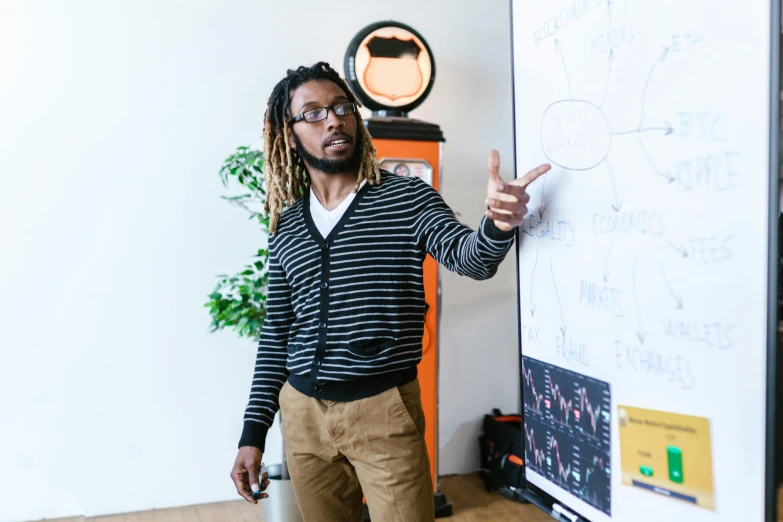 a man standing in front of a white board, pexels contest winner, black arts movement, programming, david shing, in a meeting room, anthony pafford