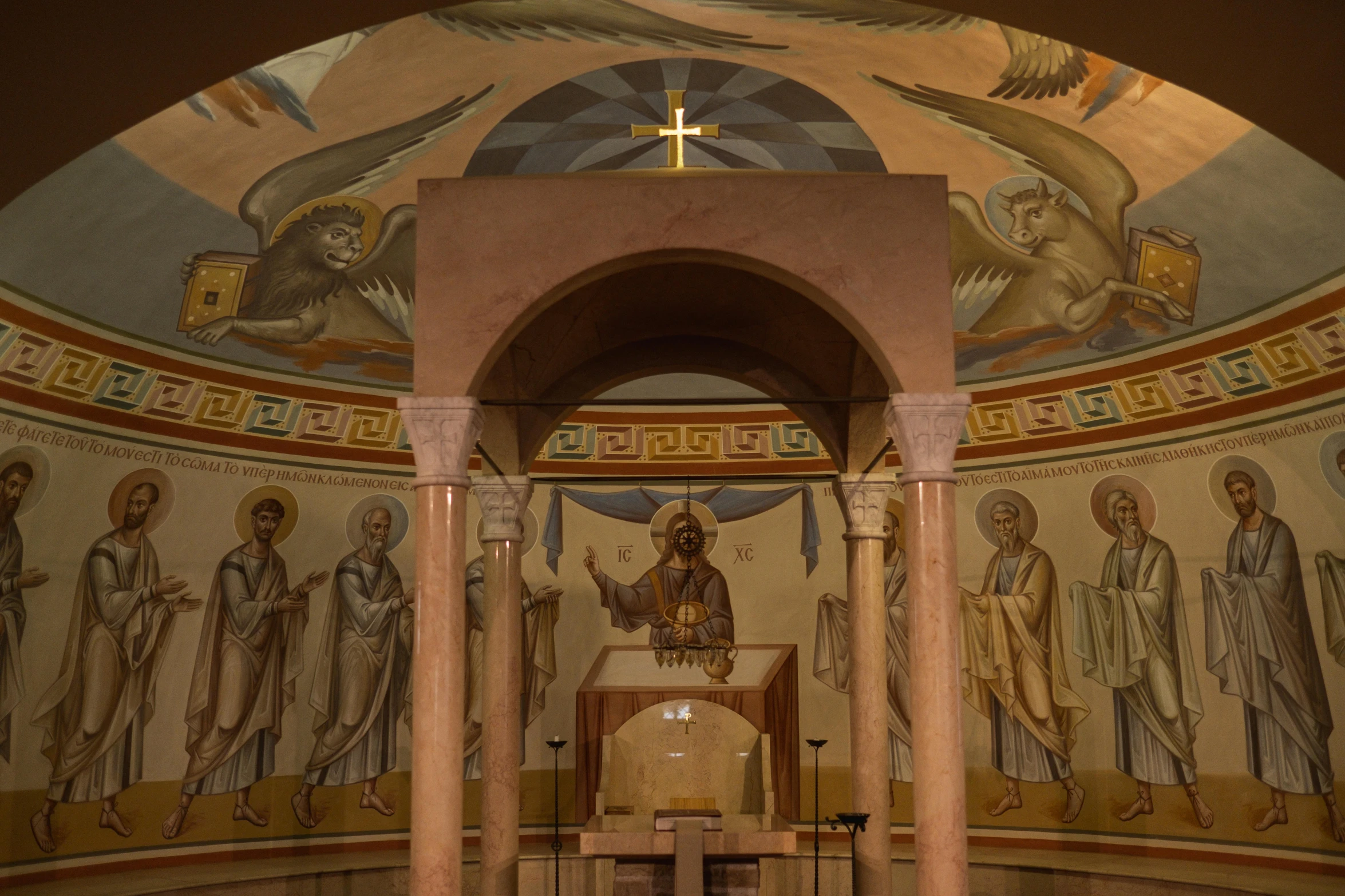 the interior of a church with paintings on the walls, a portrait, inspired by Cimabue, romanesque, avatar image