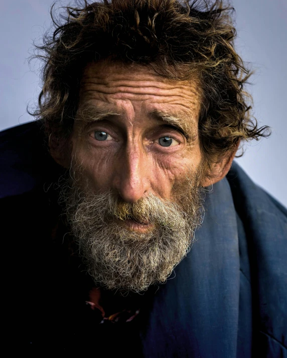 a close up of a person with a beard, an album cover, inspired by Steve McCurry, pexels contest winner, hyperrealism, homeless, looking smug, emaciated, rat man