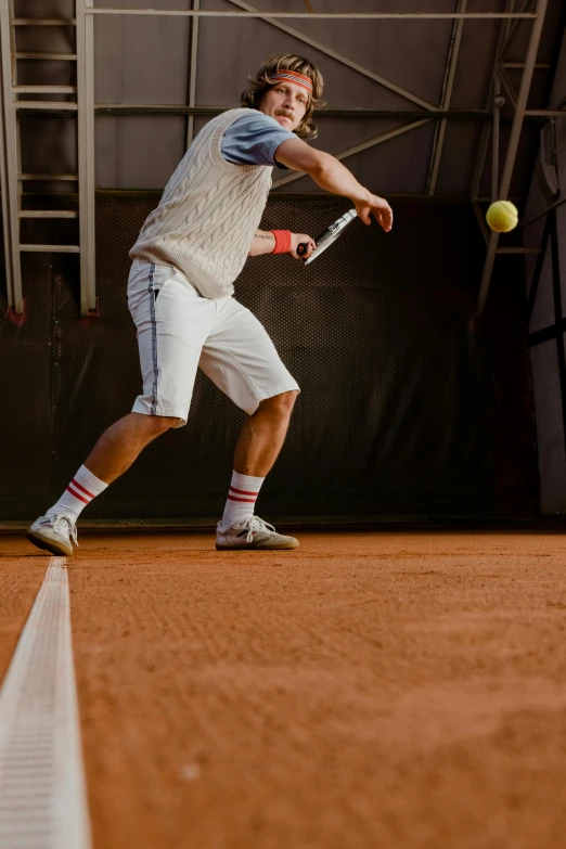 a man holding a tennis racquet on top of a tennis court, inspired by Hans Mertens, pexels contest winner, renaissance, mid action swing, baseball, square, full frame image