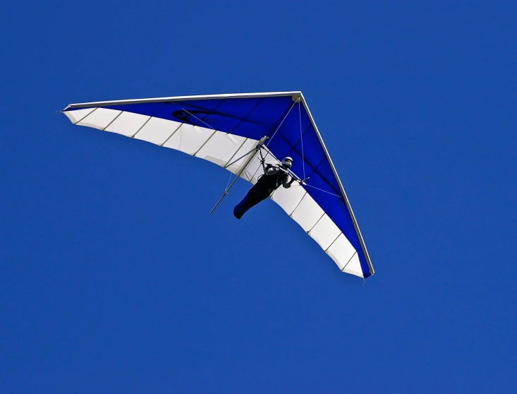 a blue and white hang glider flying through a blue sky, by Peter Churcher, hurufiyya, rectangle, touring, blue