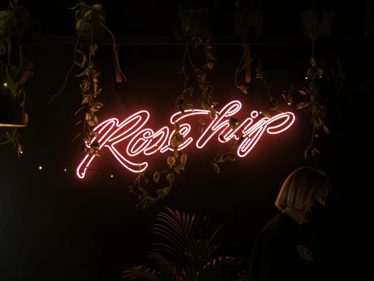 a woman standing in front of a neon sign, trending on unsplash, holding khopesh, raspberry, rosetti, mothership