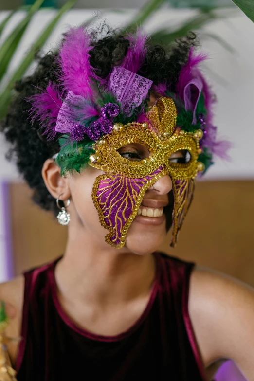 a close up of a person wearing a mask, a photo, smiling as a queen of fairies, purple and gold color scheme, ((purple)), indoor picture