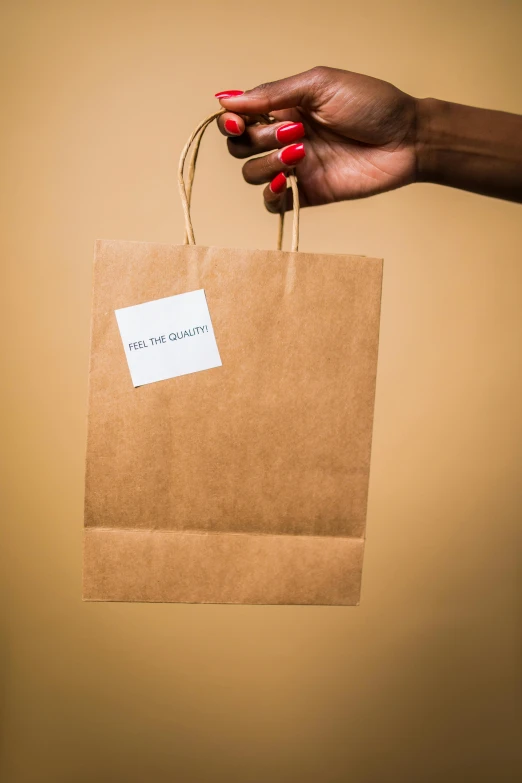 a woman's hand holding a brown paper bag, an album cover, by Daniel Gelon, pexels contest winner, gourmet and crafts, square, gifts, dark-skinned