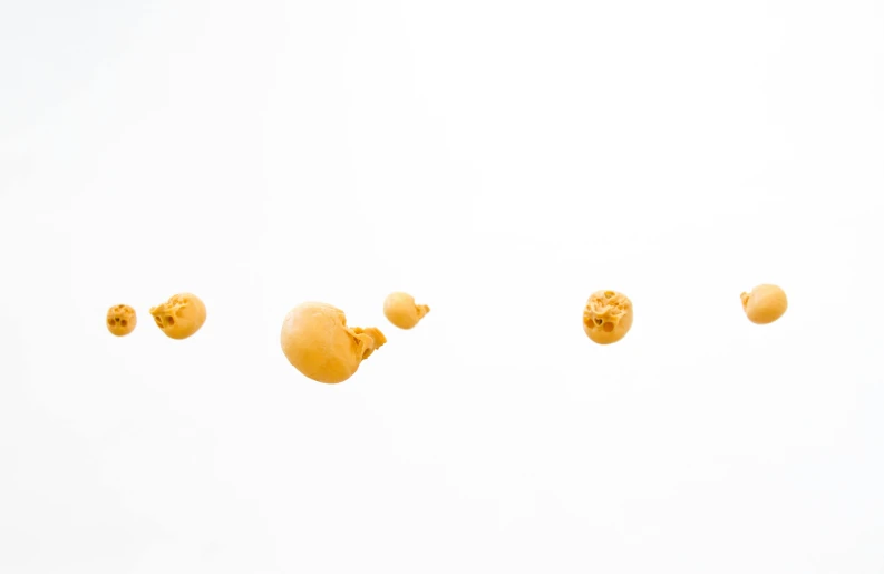 a group of doughnuts flying through the air, by Gavin Hamilton, visual art, raw egg yolks, minimalist photo, gold skulls, shot on sony a 7