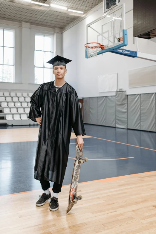 a man in a graduation gown holding a skateboard, by Nina Hamnett, basketball court, bo chen, russian academic, genderless