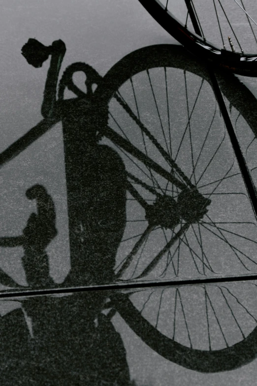 a shadow of a person standing next to a bike, profile image, wet reflections, medium detail, zoomed in
