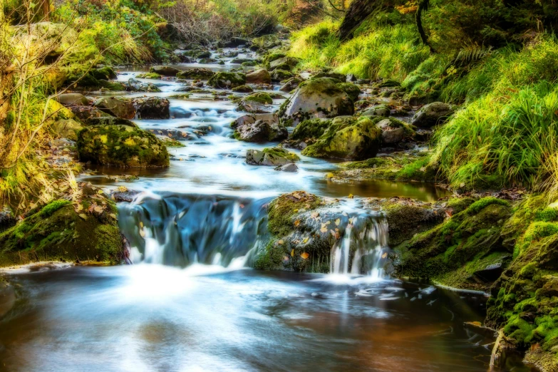 a stream running through a lush green forest, by Alexander Robertson, pexels contest winner, irish mountains background, autumnal, thumbnail, multiple waterfalls