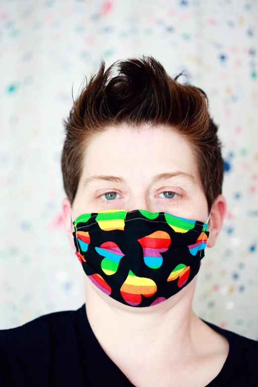 a woman wearing a multicolored face mask, inspired by Okuda Gensō, andy milonakis, alien fabric, promo image, josh black