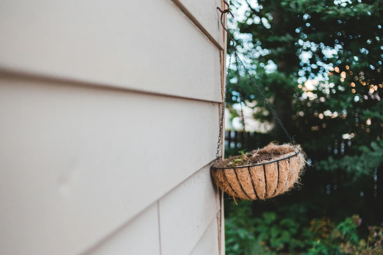 a basket hanging from the side of a house, unsplash, profile image, close - up photo