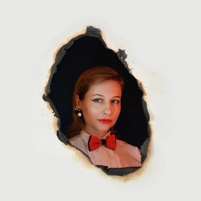 a woman with a red bow tie in a hole, inspired by Anna Füssli, auto-destructive art, passport photo, ((rust)), instagram picture, pokimane