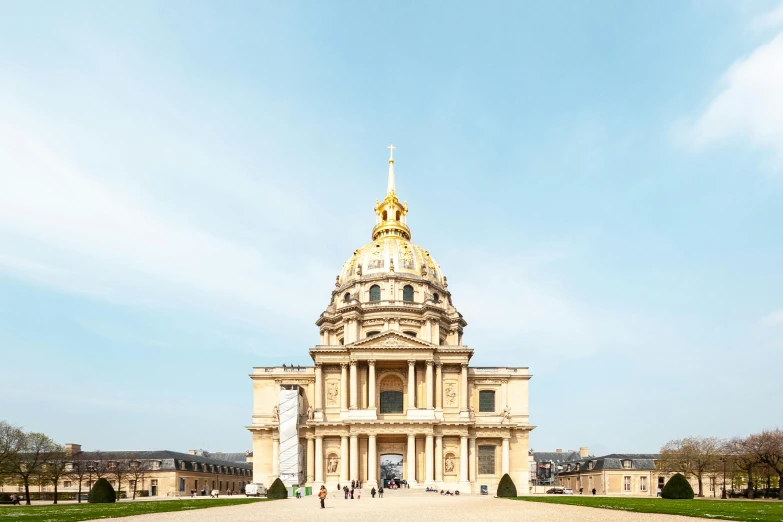 a large building sitting in the middle of a park, an album cover, by François Girardon, shutterstock, neoclassicism, dome of wonders, front facing the camera, pristine and clean, “ golden chalice