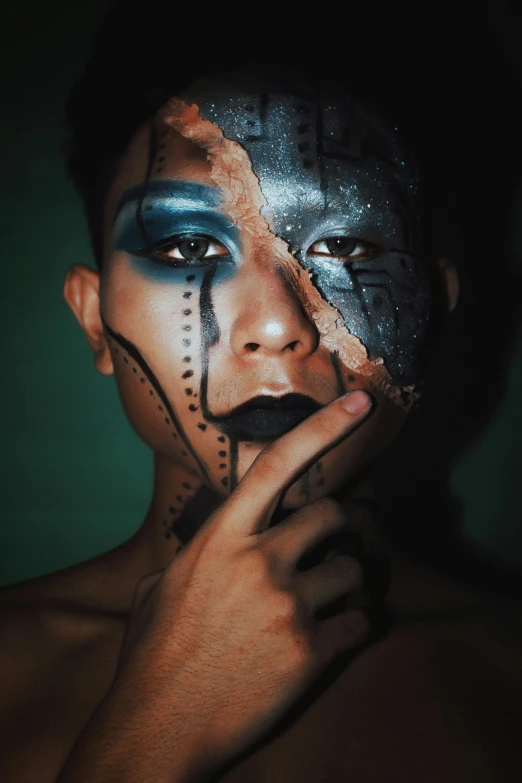 a close up of a person with a painted face, an album cover, trending on pexels, aestheticism, asian male, dark glitter makeup, square masculine jaw, fullbody painting