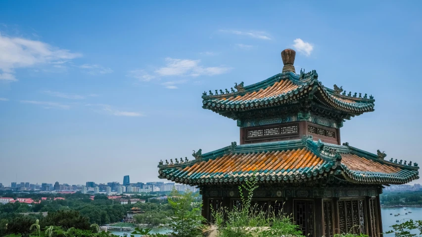 a pagoda sitting on top of a lush green hillside, inspired by An Zhengwen, pexels contest winner, cloisonnism, baotou china, skyline, intricate detailed roof, beijing