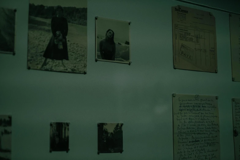 a wall that has a bunch of pictures on it, serial art, still from riverdale, marie curie, documents, ((zerator))