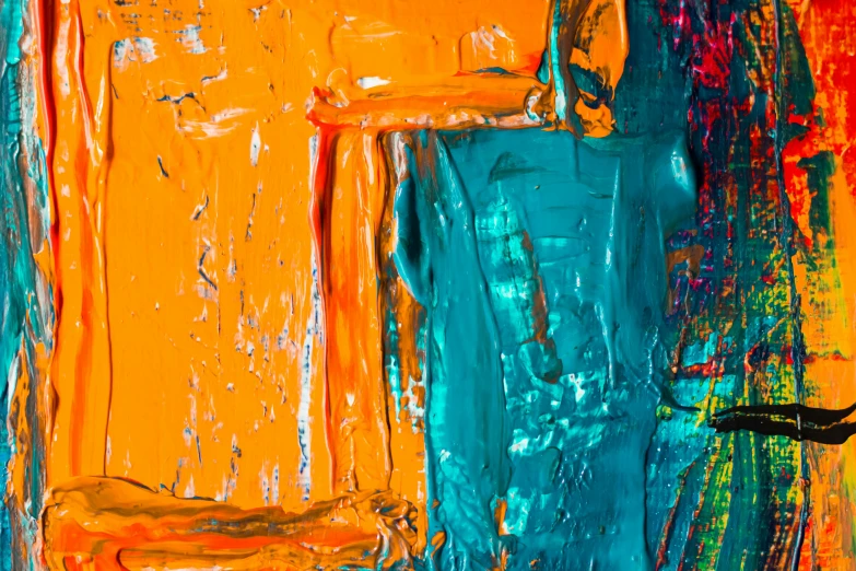 a painting with orange, blue, and green colors, trending on pixabay, abstract expressionism, impasto paint, teal orange, colorful glass art, looking across the shoulder