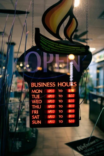 an open sign hanging from the side of a building, midnight hour, paul barson, serious business, display