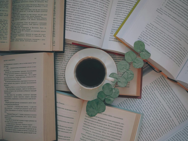 a cup of coffee sitting on top of a pile of books, pexels contest winner, with black vines, green and black color scheme, instagram photo, background image