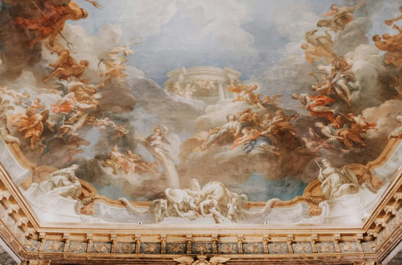 a painting on the ceiling of a building, inspired by Alexandre-Évariste Fragonard, pexels contest winner, rococo, ceremonial clouds, on a large marble wall, thumbnail, dreamy art