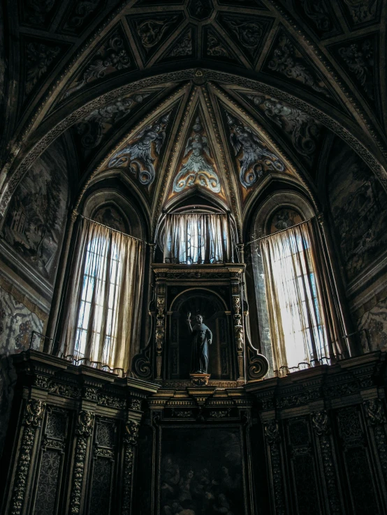 a black and white photo of the inside of a church, a statue, by Alessandro Allori, unsplash contest winner, baroque color palette, with a creepy secret temple, a massive cathedral in a forrest, interior of a small