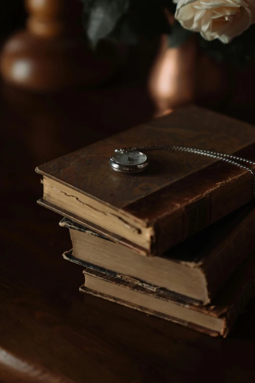 a stack of books sitting on top of a wooden table, wearing several pendants, moody setting, pocketwatch, shot with sony alpha