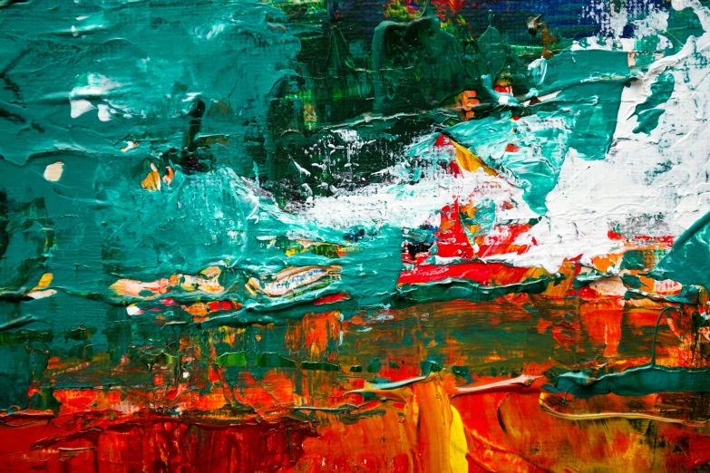a painting of a boat on a body of water, an acrylic painting, by Micha Klein, pexels contest winner, abstract expressionism, green bright red, detailed oil on canvas painting, teal and orange, ( ( abstract ) )