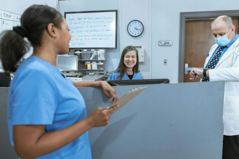 a couple of people that are standing in a room, scrubs, profile image, uhq, brown