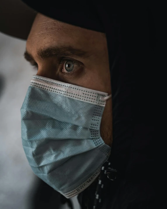 a close up of a person wearing a face mask, by Adam Marczyński, hurufiyya, looking sad, an afghan male type, surgical gear, lgbt