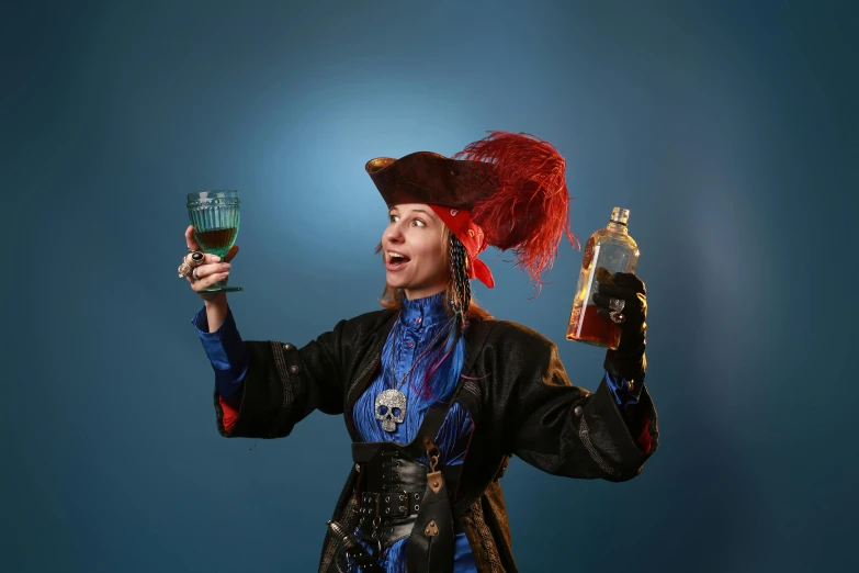 a woman in a pirate costume holding a glass of wine, inspired by Judith Leyster, pexels, renaissance, blue surcoat, avatar image, professional studio photograph, photobash