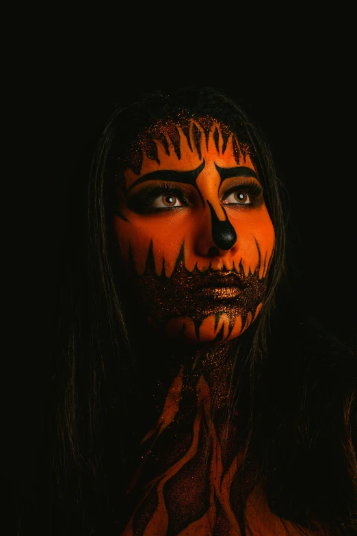 a close up of a person with face paint, dark orange, ilustration, fullbody art, dark