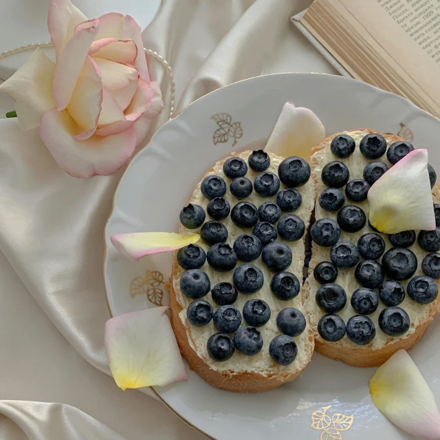 a white plate topped with a piece of bread covered in blueberries, by Carey Morris, pexels contest winner, romantic mood, background image, vintage aesthetic, made of flowers and fruit