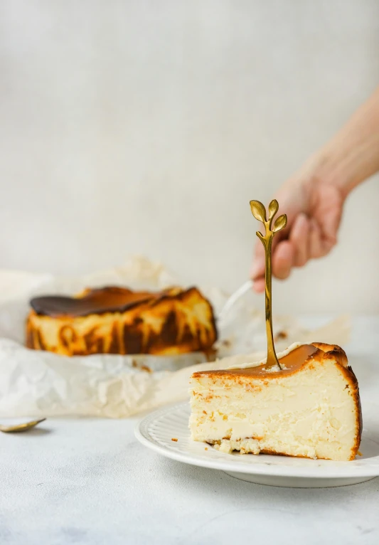 a person cutting a piece of cake on a plate, long trunk holding a wand, award-winning crisp details”, flan, white gold