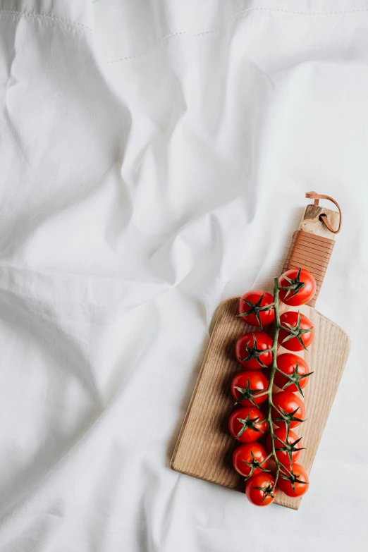 a cutting board with a bunch of tomatoes on it, pexels contest winner, romanticism, white bed, straps, plain background, linen