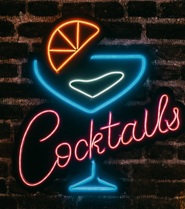 a neon sign that says cocktails on a brick wall, an album cover, pexels, profile image, 1996), panel, nights