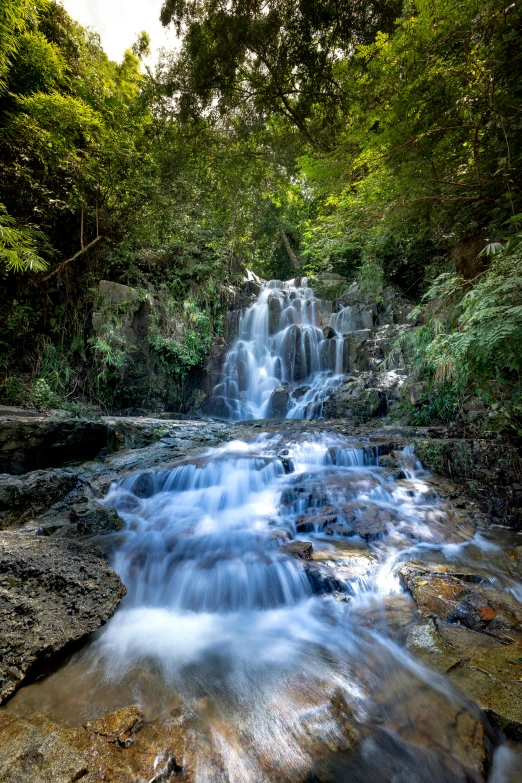 a waterfall flowing through a lush green forest, an album cover, pexels contest winner, sumatraism, wales, flowing clear water creek bed, slide show, coast