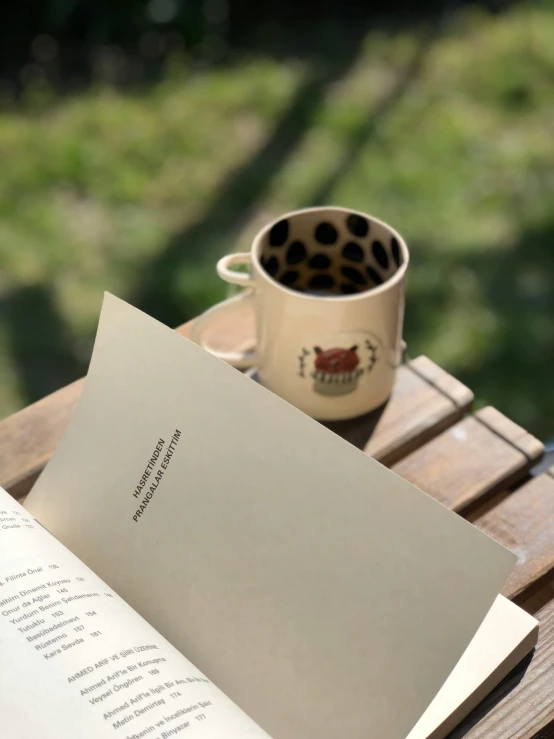 an open book sitting on top of a wooden table next to a cup of coffee, by Alice Mason, outside, emma bridgewater and paperchase, medium closeup shot, instagram story